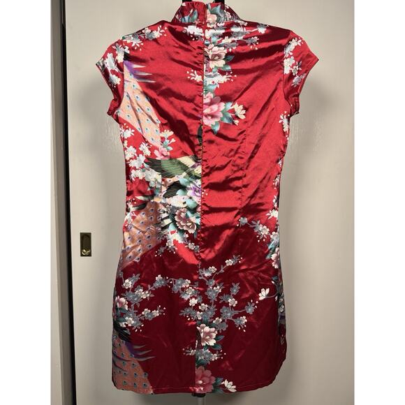 Red Cheongsam Dress - Floral Peacock Qipao - Mini - Size M (US Small) - Picture 7 of 8